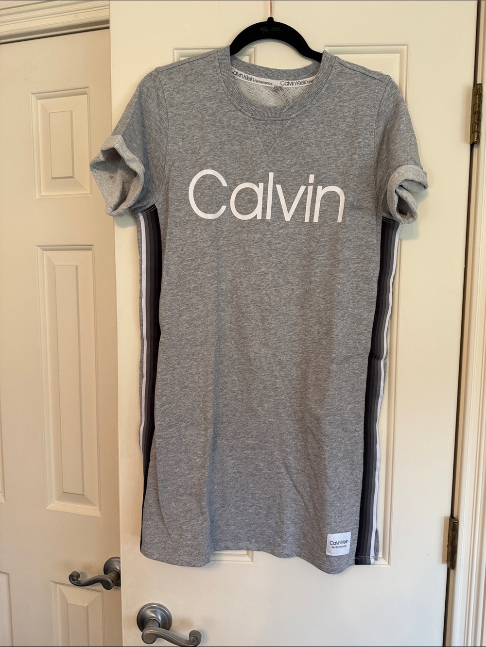 Calvin Klein Gray Logo Tee Dress with Side Stripes